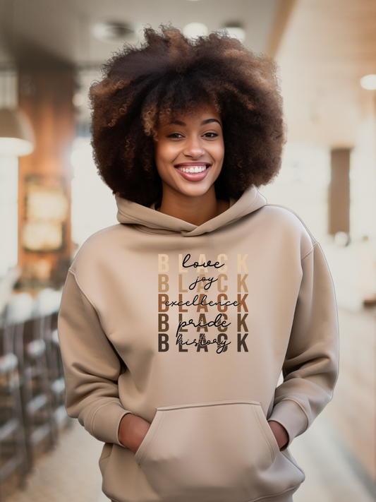 Black love, joy, excellence, pride history tan hoodie for Black Women