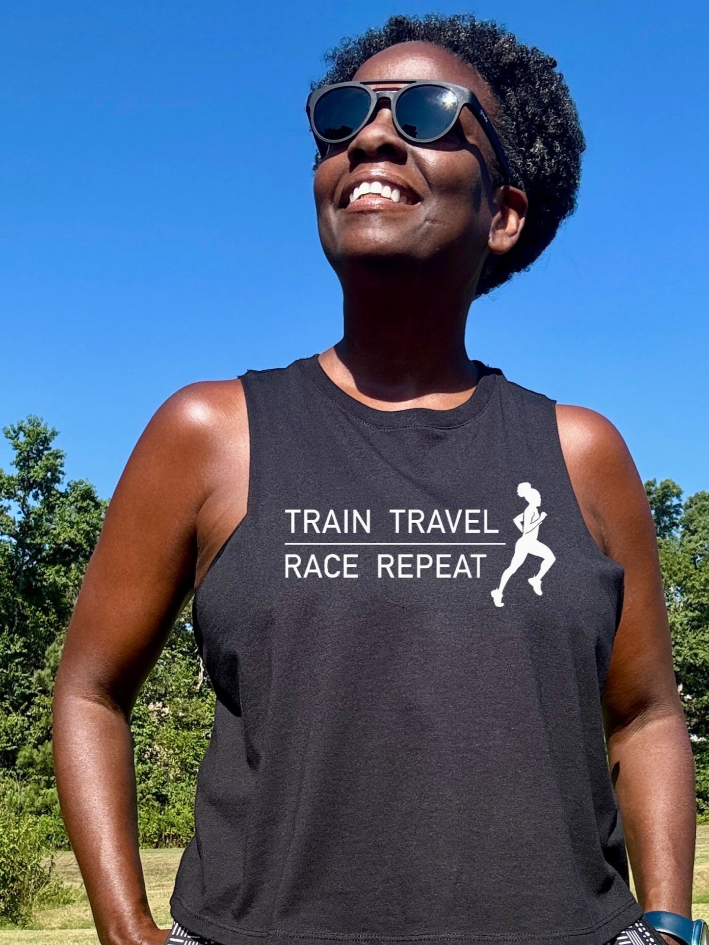 Train Travel Race Repeat Racerback Crop Tank