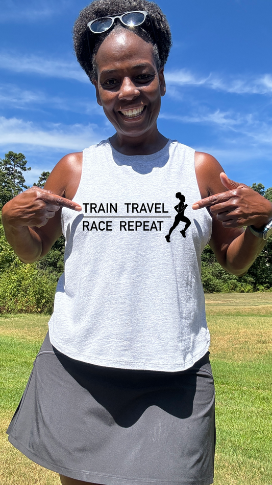 Train Travel Race Repeat Racerback Crop Tank