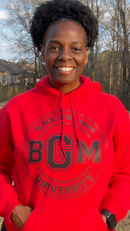 Red hoodie that says Black Girl Magic University 